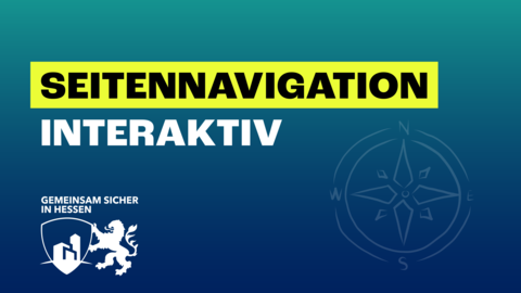 Ein blau grüner Farbverlauf im Hintergrund, im Vordergrund der Schriftzug Seitennavigation Interaktiv und das Logo der Dachmarke GSIH. Als Wasserzeichen ist ein Kompass eingelassen.