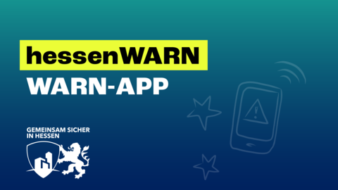 Im Hintergrund ein blau grüner Farbverlauf, im Vordergrund der Schriftzug hessenWARN Warn-App und das Logo von GSIH. Als Wasserzeichen ist ein klingelndes Handy eingelassen