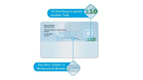 Rückseite des Polizeidienstausweises Sicherheitsmerkmale des Polizeidienstausweises wie der 110-Schriftzug in optisch variabler Tinte und das Wort Polizei in Braille-Schrift
