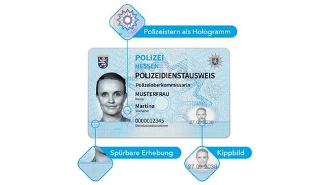 Vorderseite Polizeidienstausweis Sicherheitsmerkmale des Polizeidienstausweises wie Polizeistern als Hologramm, Spürbare Erhebung, Kippbild werden gezeigt