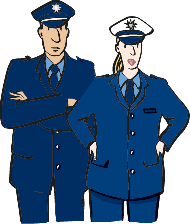 Die Polizei sucht und verhaftet Verbrecher. Wenn man in Gefahr ist, kann man die Polizei rufen.